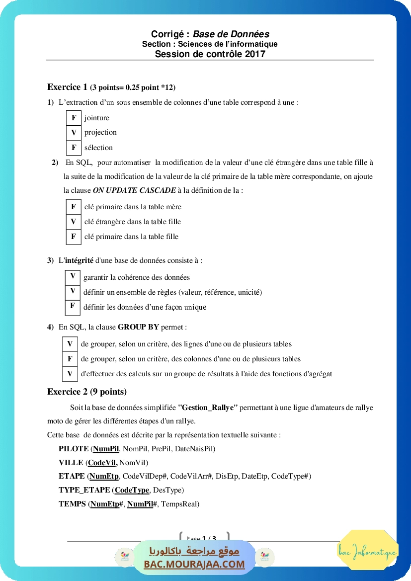 Corrigé controle bd Bac 2017 – Section info